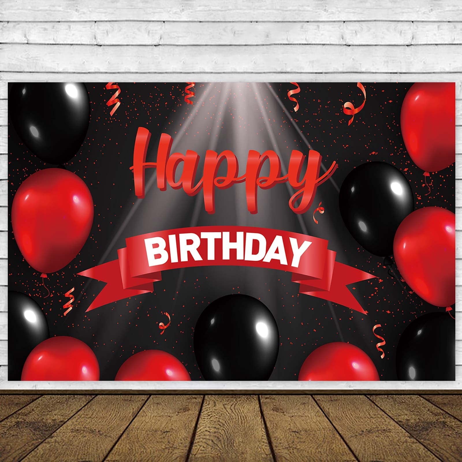 Happy Birthday Banner Backdrop Decorations Red and Black Balloons Spotlight T…