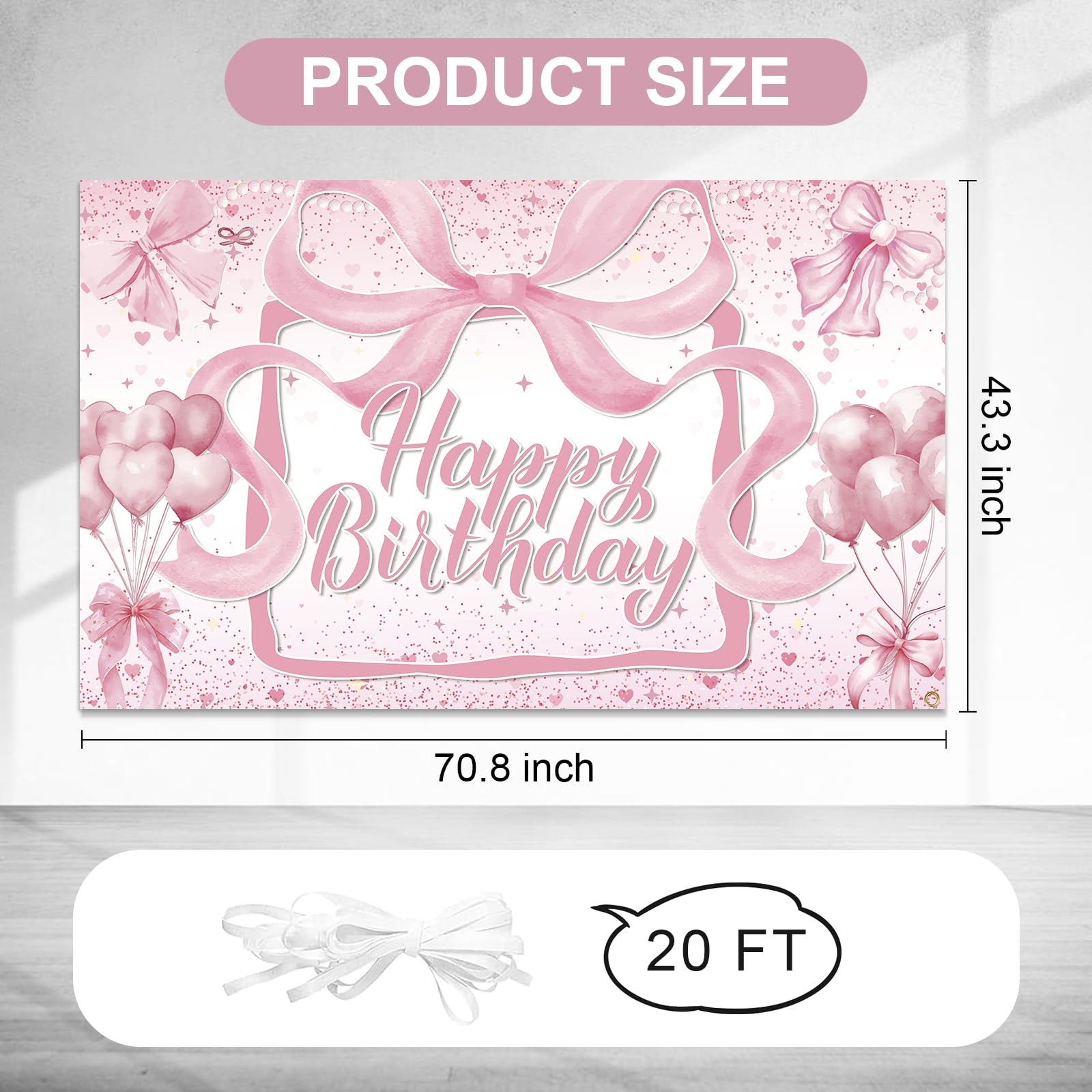 Pink Bow Coquette Happy Birthday Party Decoration Backdrop 6×3.6 Ft Banner