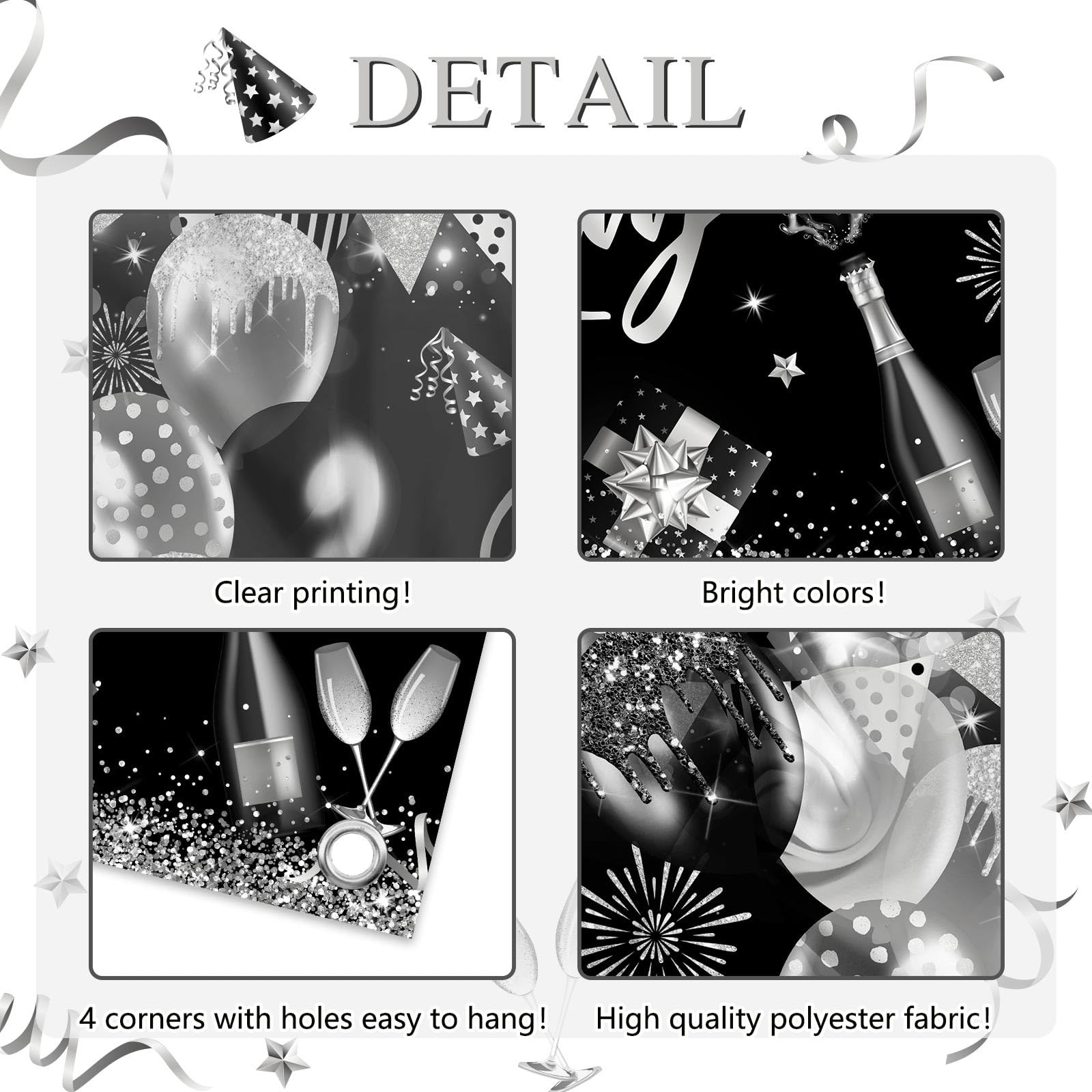 Black Silver Birthday Banner Birthday Decorations for Men Boys Silver Glitter…