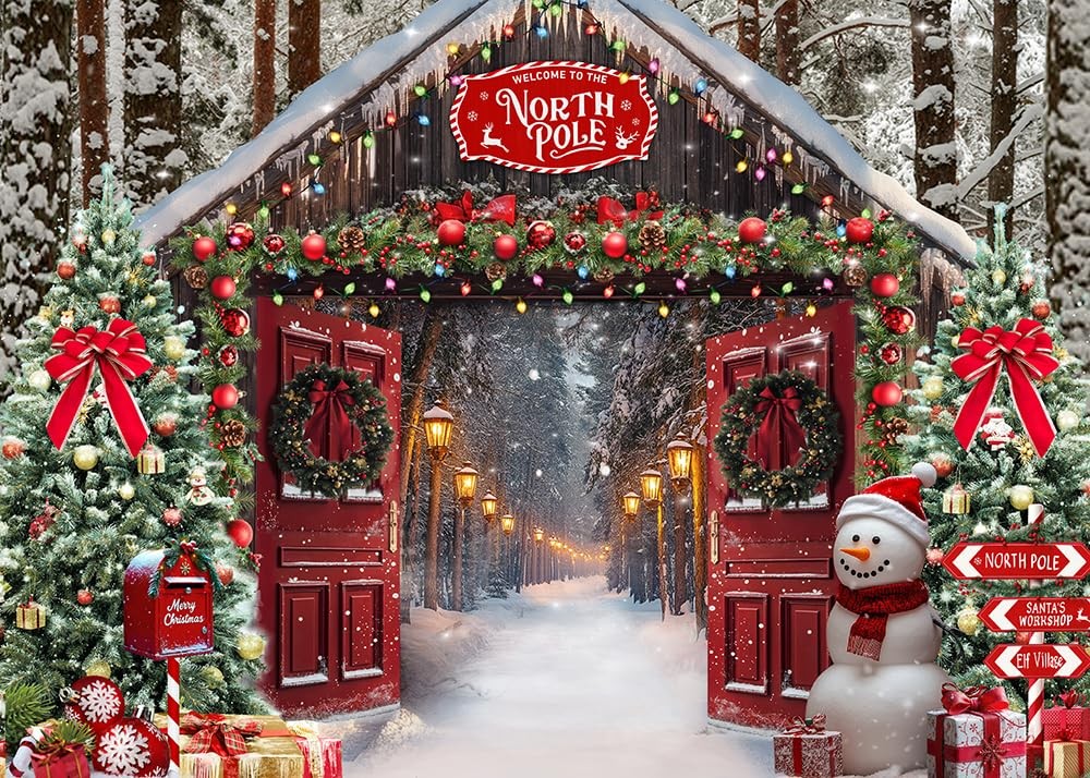 7x5ft Christmas Backdrop Winter Snowy Forest Rustic Barn Door North Pole Snow…