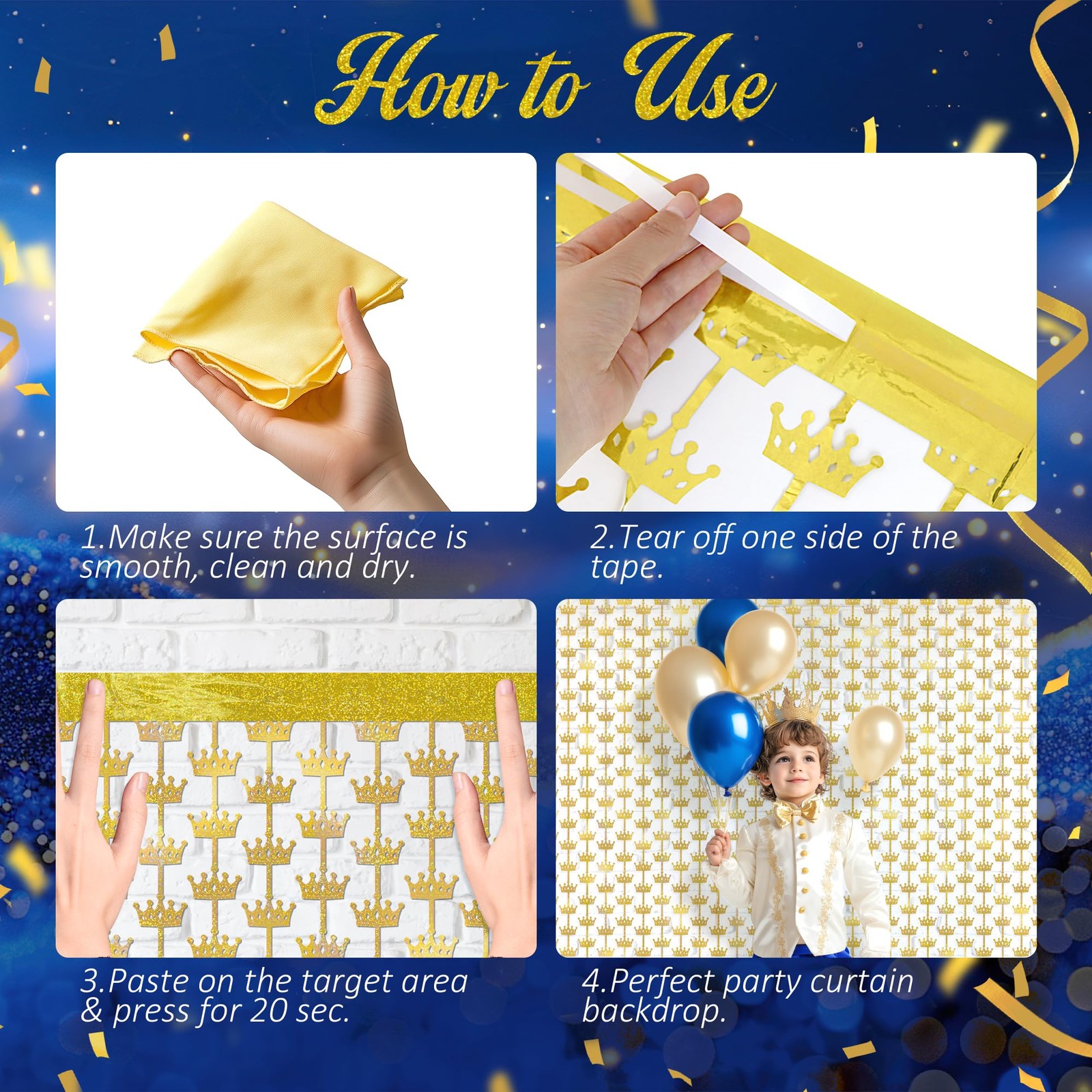 2 Pack 3.3×6.6ft Golden Crown Foil Fringe Curtains, Glitter Crown-Gold, Gold