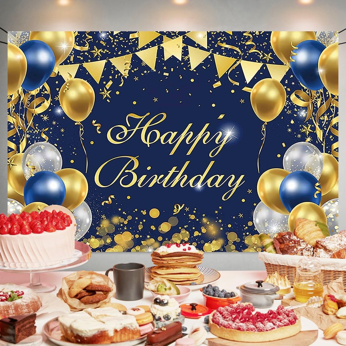 Blue Gold Birthday Party Backdrop Happy 5.9 x 3.93 feet,