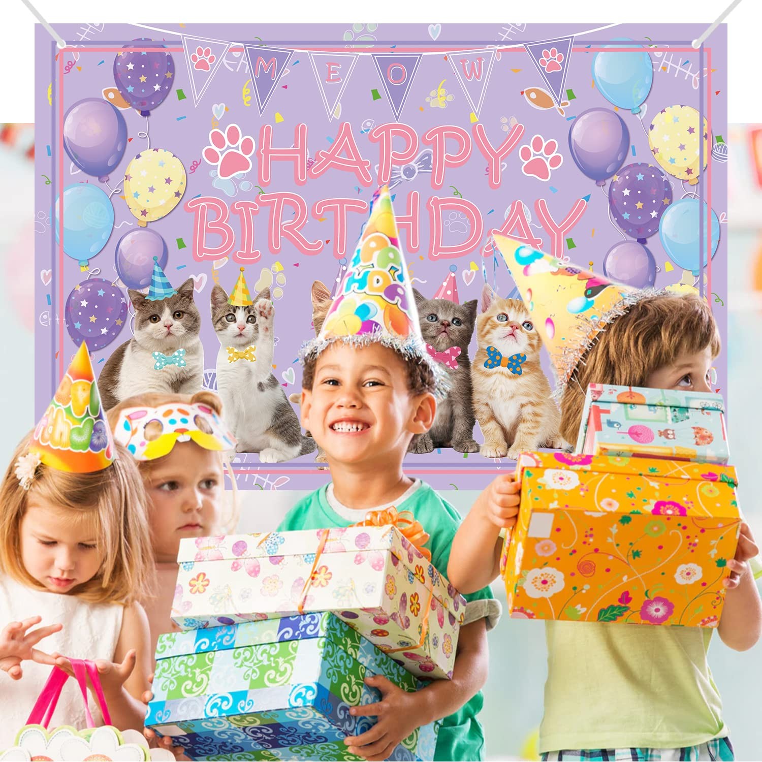 Cat Party Decoration Supplies – Happy Birthday 72 x 47 inches, Pink