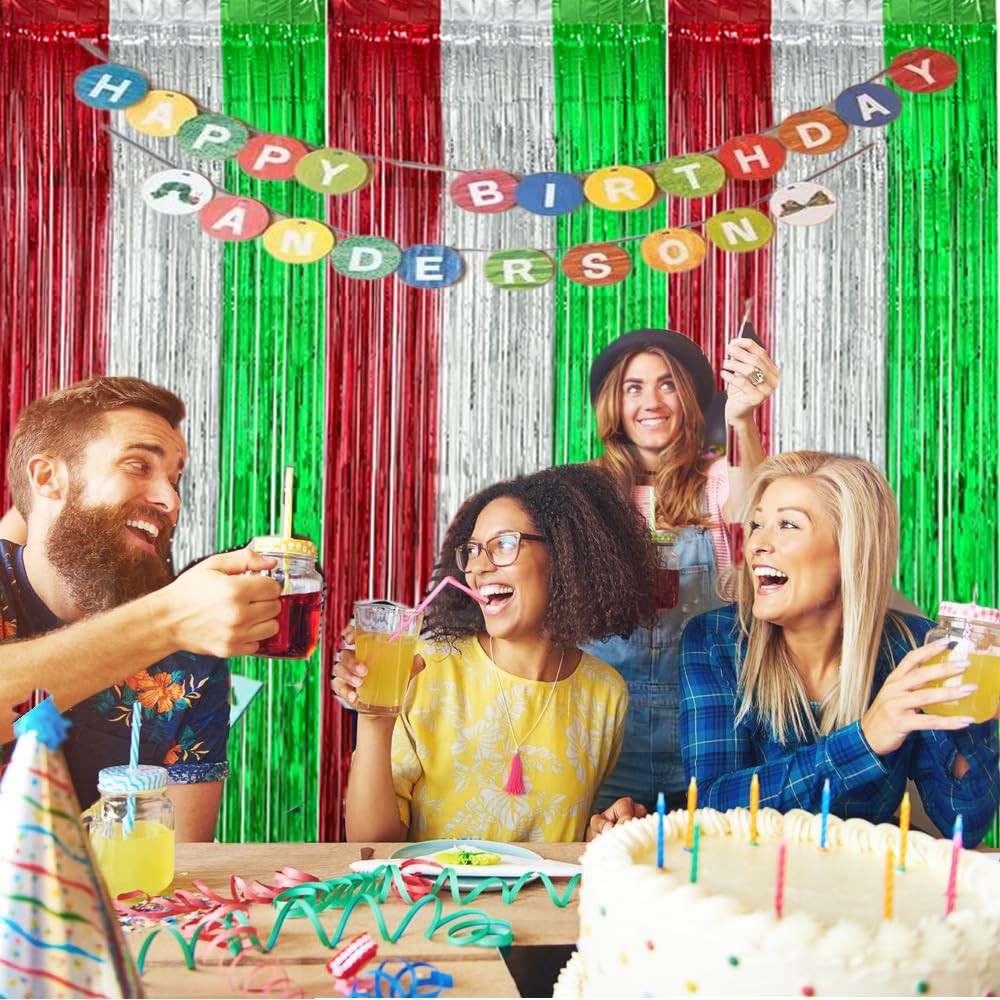 3 PCS 3.3×6.56ft Christmas Party Backdrop Red Green Silver Foil Fringe Curtain