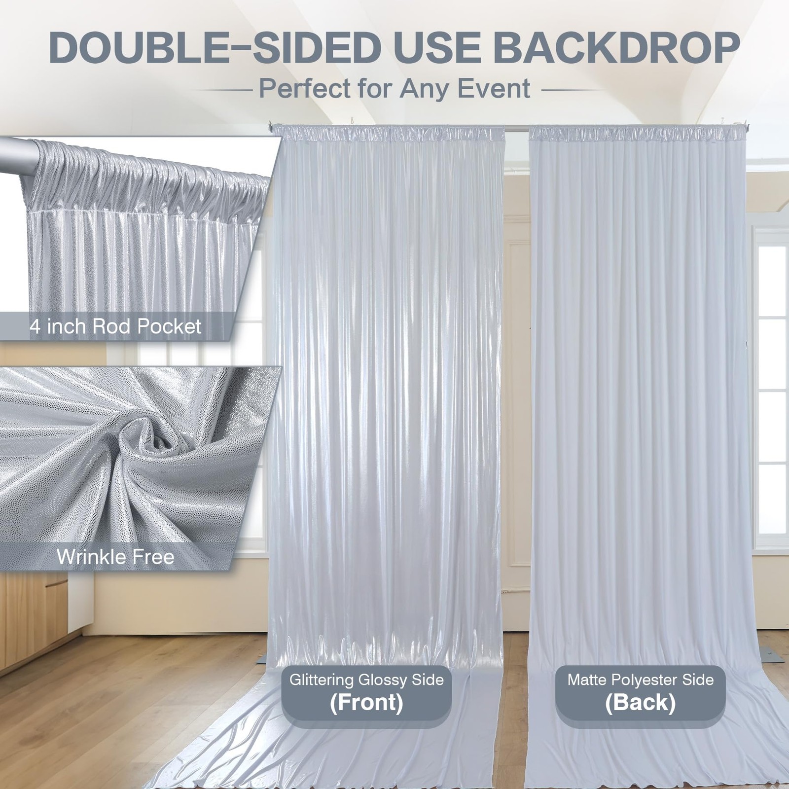 50x15FT Silver Sequin Backdrop Curtain Double W5′ x H15′(10 panels),