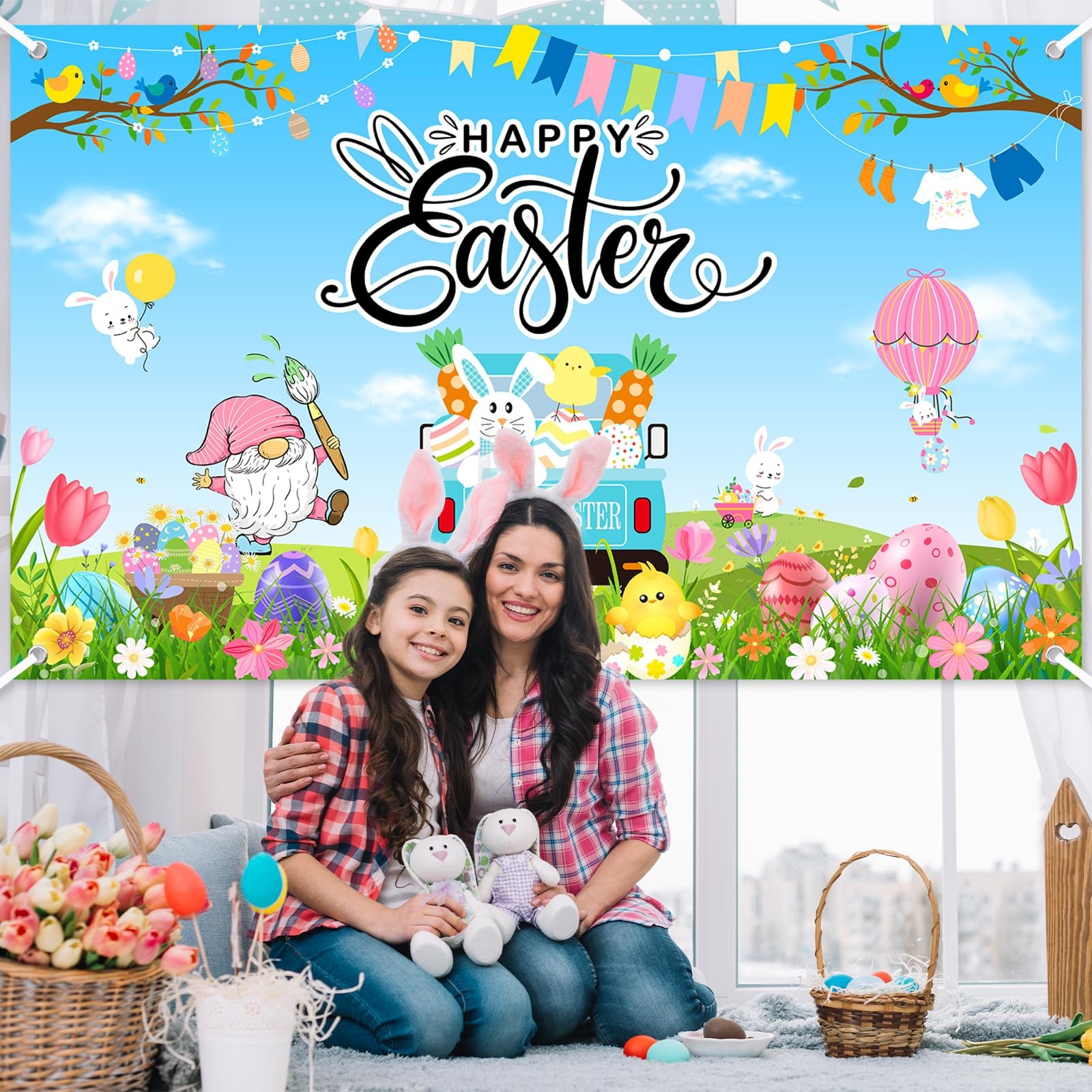 Mocsicka Happy Easter Banner Backdrop Colorful Bunny Eggs 6×3.6ft, Multi