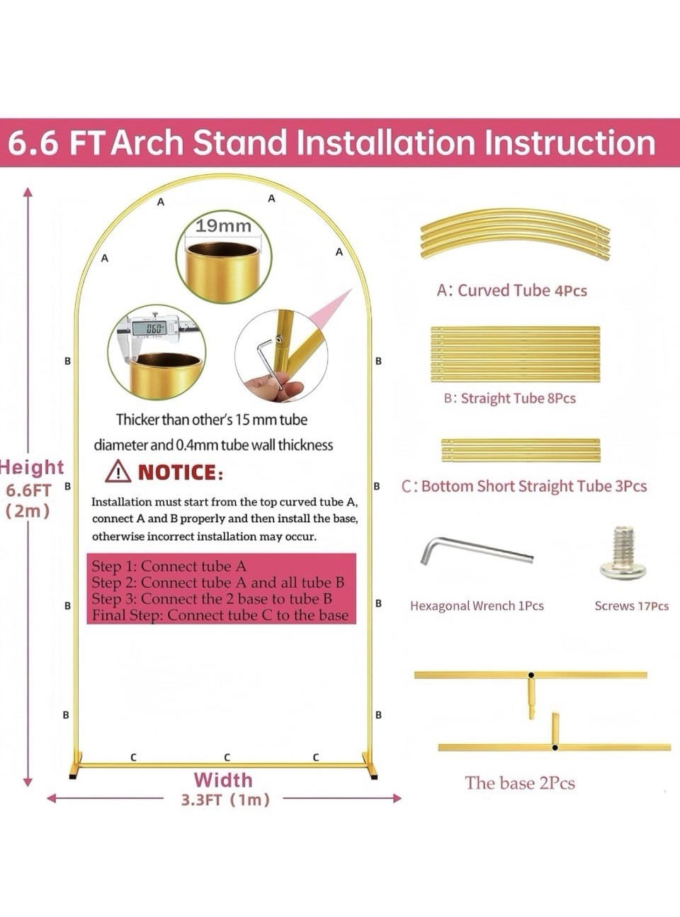 6.6FT Metal Wedding Arch Stand Gold Square Arched Backdrop Frame for Party Cerem