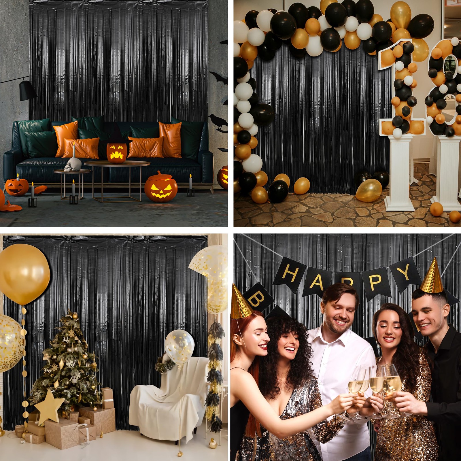7 Pack 3.3 x 9.9 ft Black Foil Fringe Backdrop Curtain Birthday Party Decor