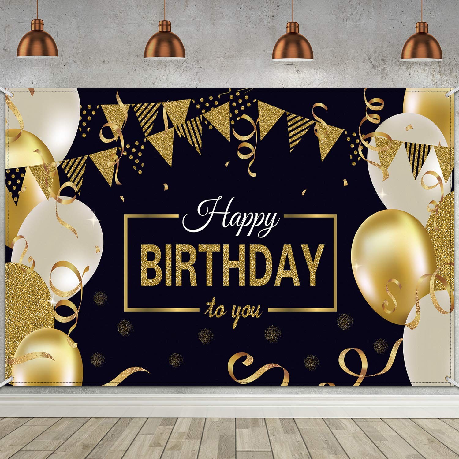 Happy Birthday Backdrop Banner Extra Large Black and Gold Sign Poster for Men Wo
