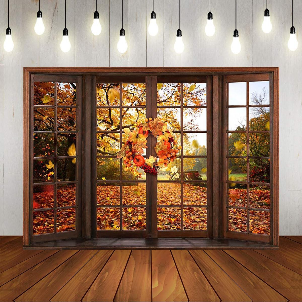 7x5ft Fall Backdrop Window Maple Leaves Fall Forest Photography Backdrop Autu…