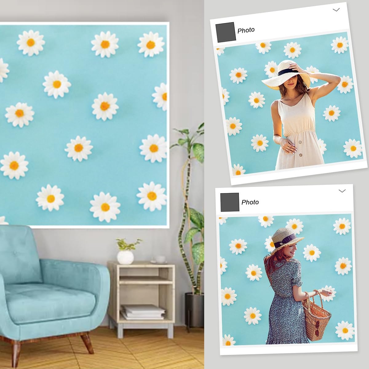 7x5ft Daisy Flower Backdrop White Yellow Floral Blue Photography Background