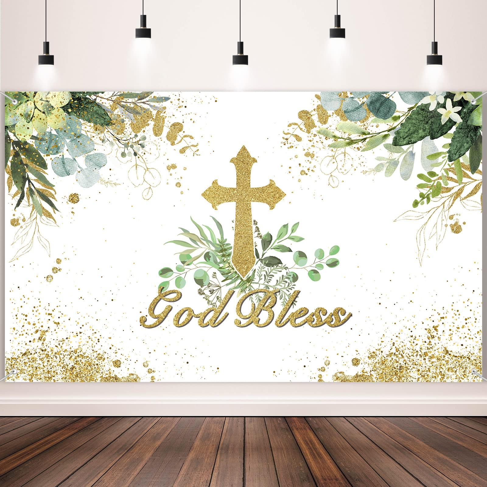 71×43 inch White Green God Bless Baptism Backdrop First Communion Decor
