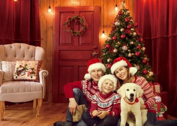 Red 10x8ft Christmas Backdrop—Indoor Xmas Trees—Gifts—Red