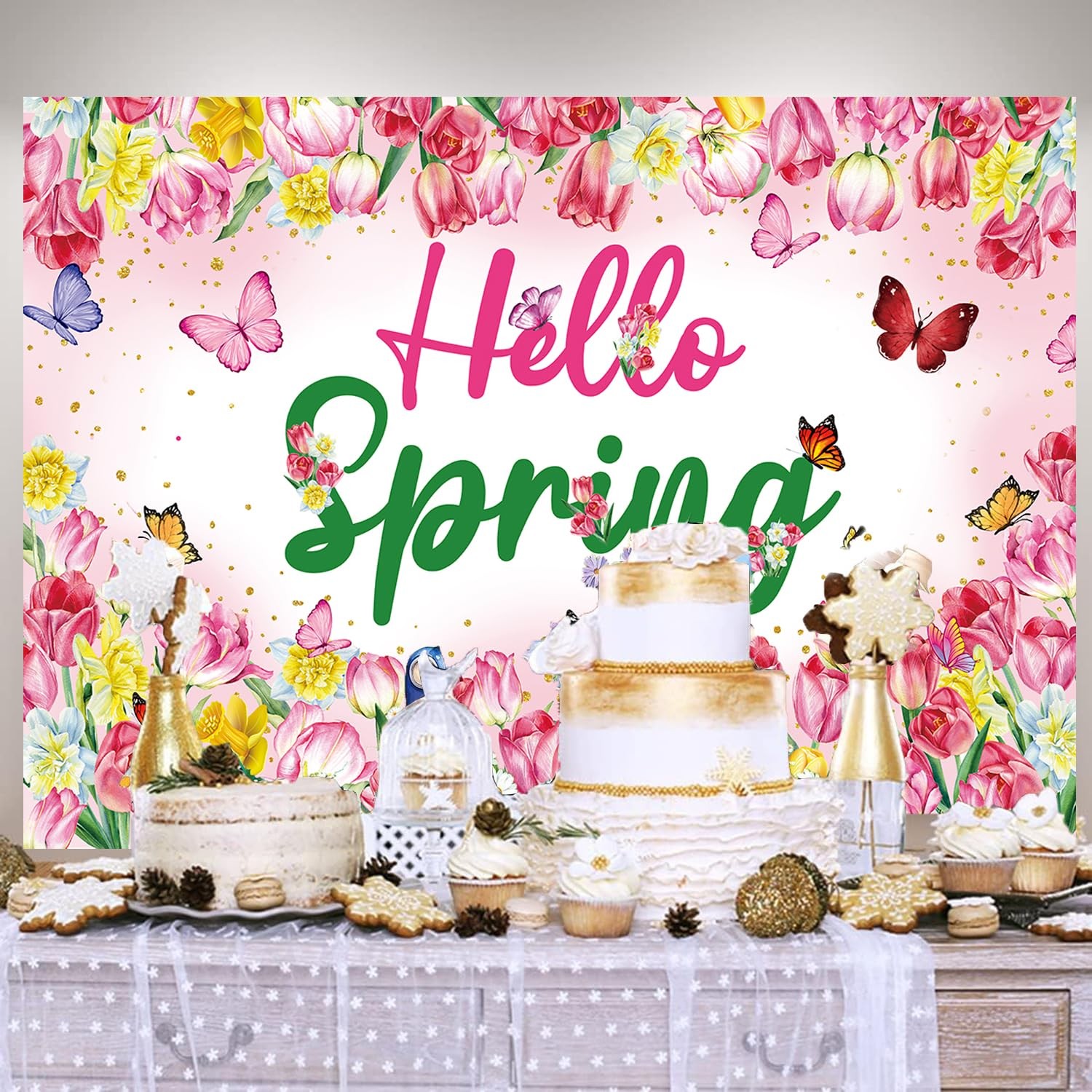 Hello Spring Backdrop Flower Butterfly Photography 7x5FT（210x150cm）, Pink