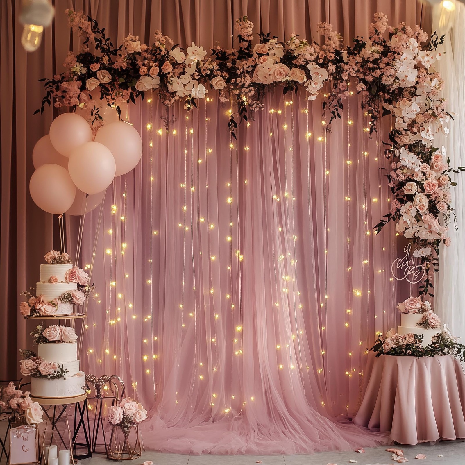 10×10 Ft Dusty Rose Tulle Backdrop Curtain With Lights 2 Panels 5×10 Ft