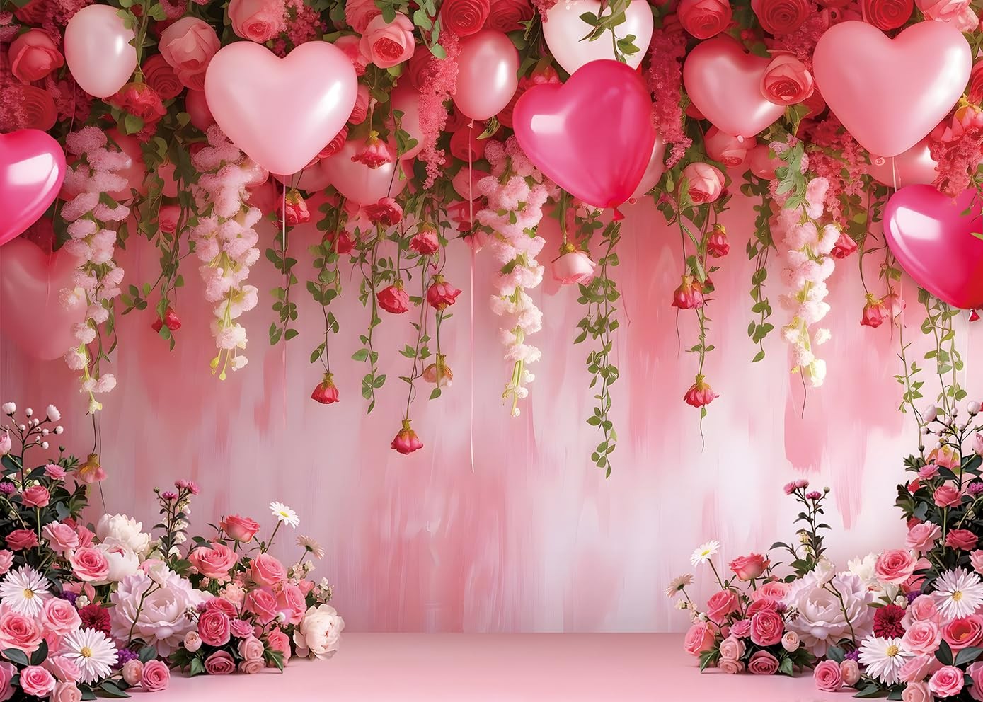 Flowers Wall Backdrop Pink Flowers Love Heart Balloons Romantic Photography B…
