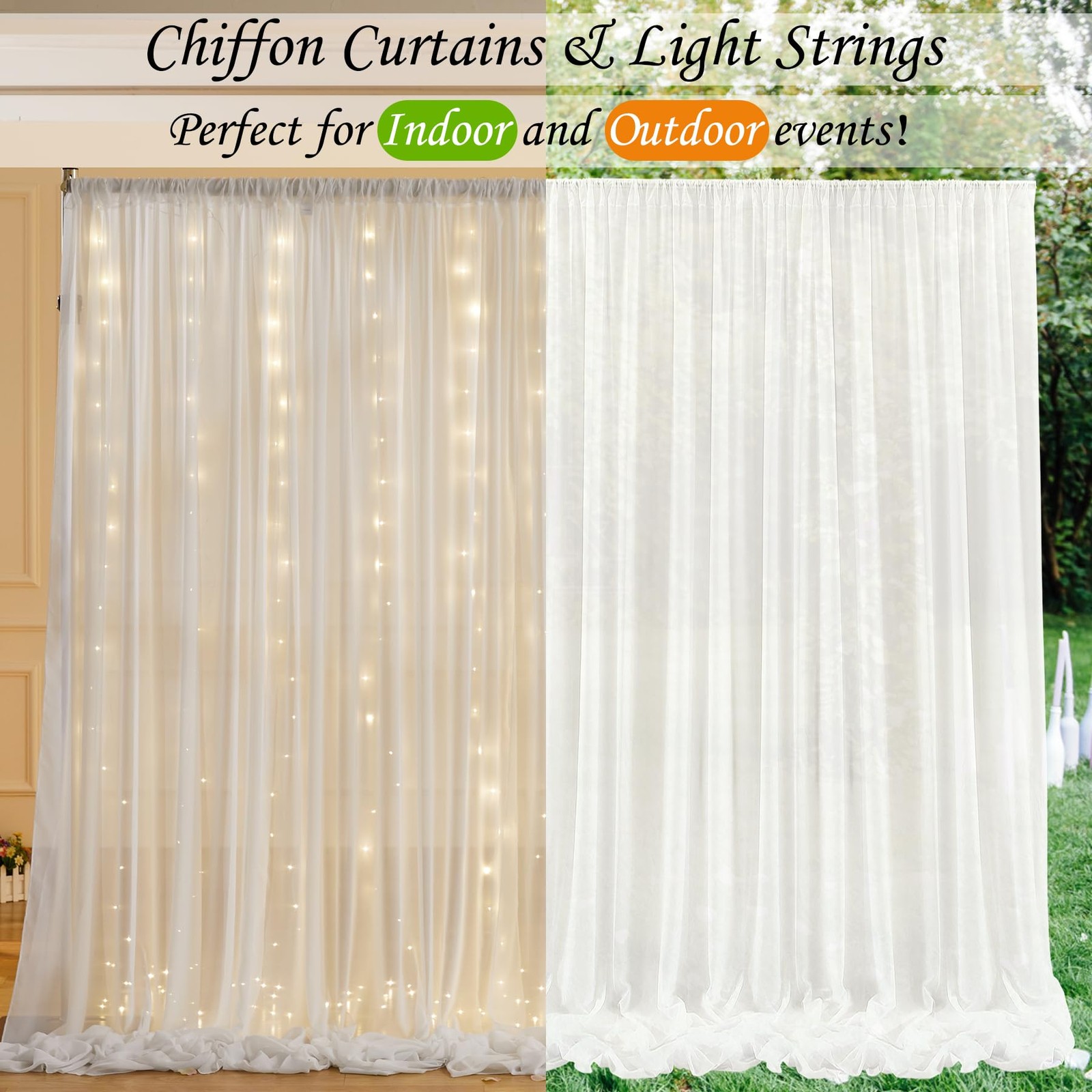 10x7FT Cream White Chiffon Wrinkle Free Backdrop Curtain String Lights Wedding