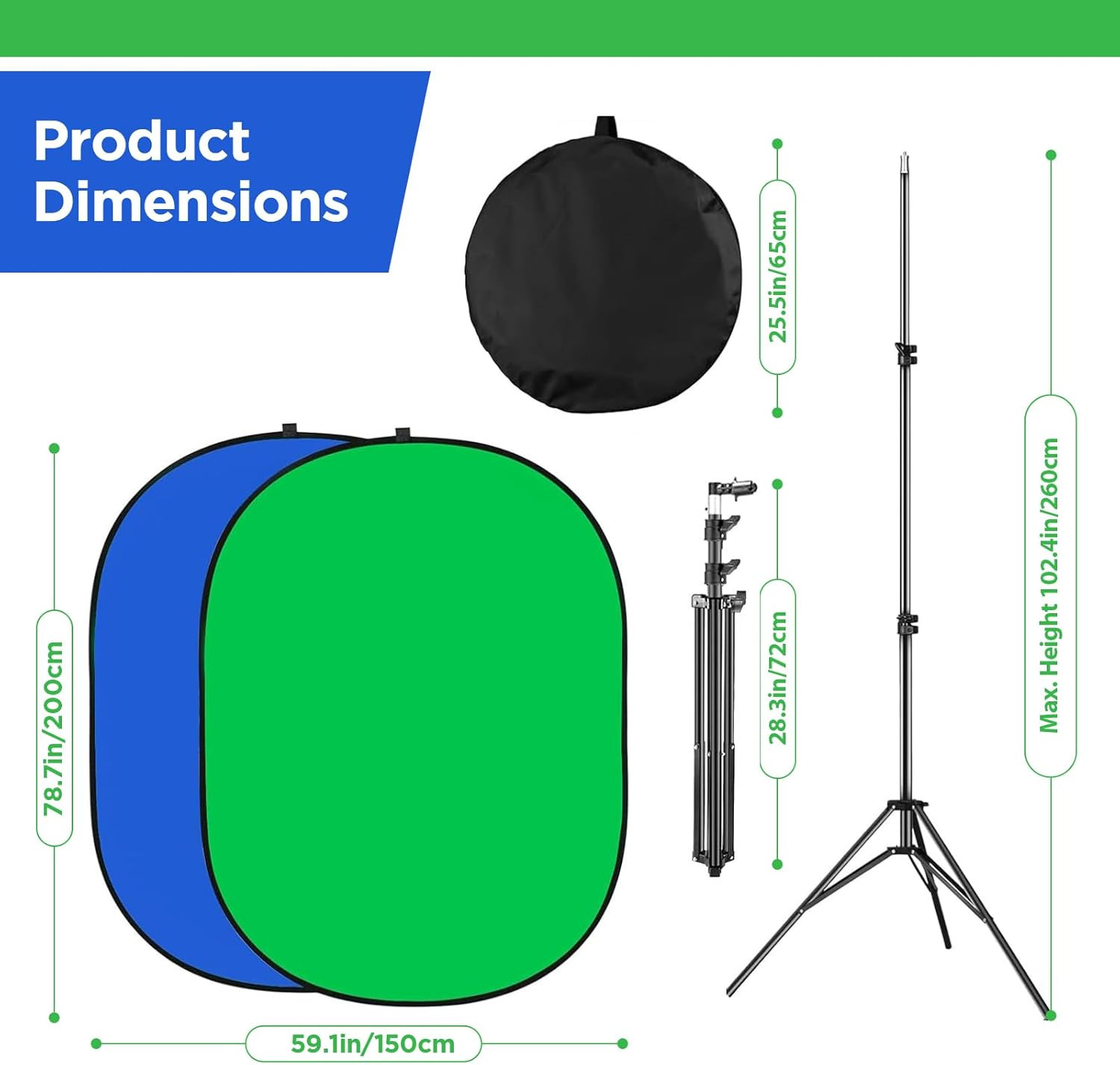 Portable Green Screen Backdrop with Stand,Foldable 5X7Ft Chromakey Blue&Green Sc
