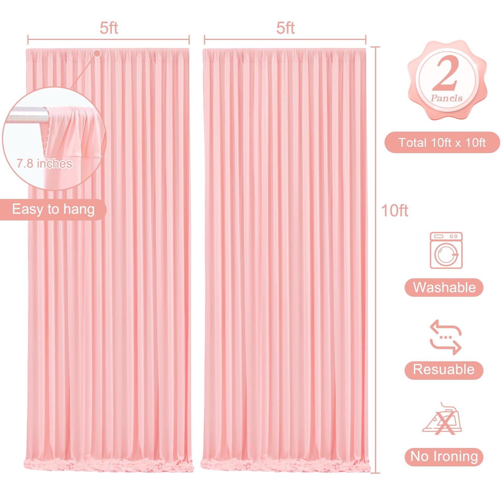 Dusty Pink Polyester Party Backdrop Curtains Drapes With Lights 10x10ft 2PK