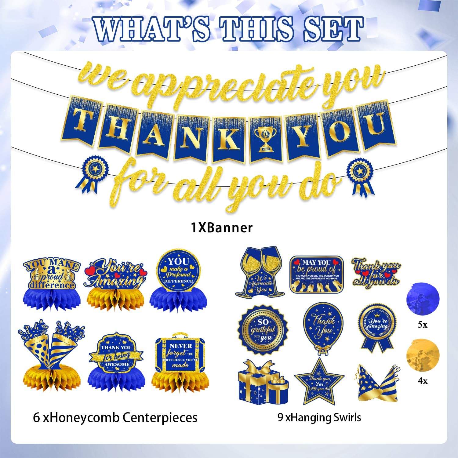 We Appreciate You Party Decorations, Blue Gold Banner and Tables Decorations …