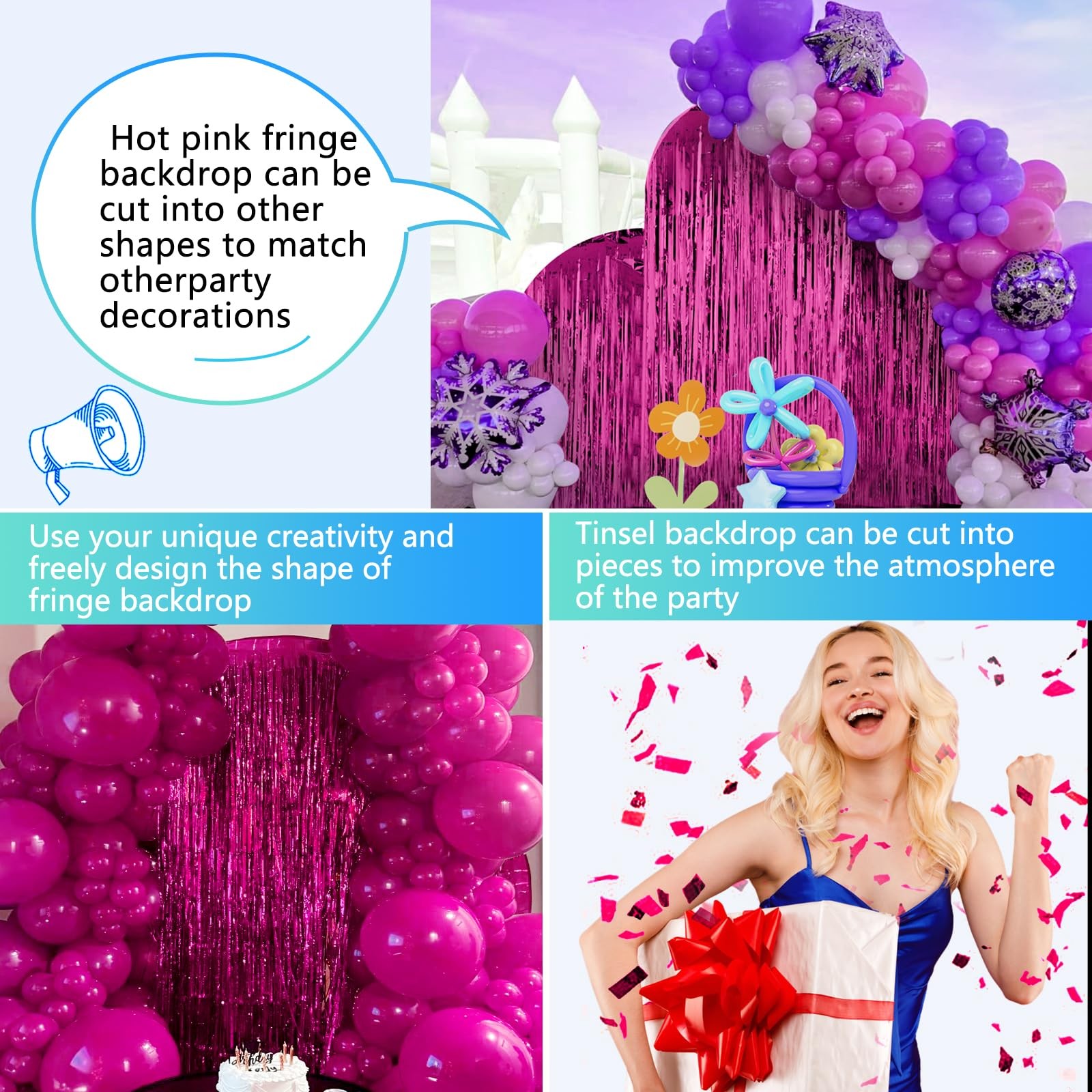 2 Pack Hot Pink Backdrop Party Decorations Tinsel Foil Fringe Curtain Backdrop