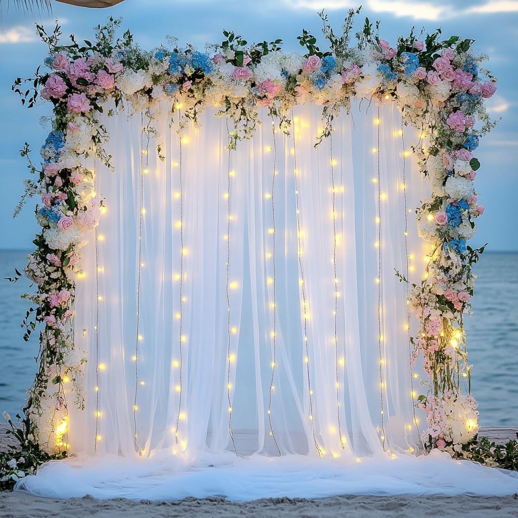 Tulle Backdrop Curtain with Lights White Sheer Wedding Decor Fits 20×10 Ft