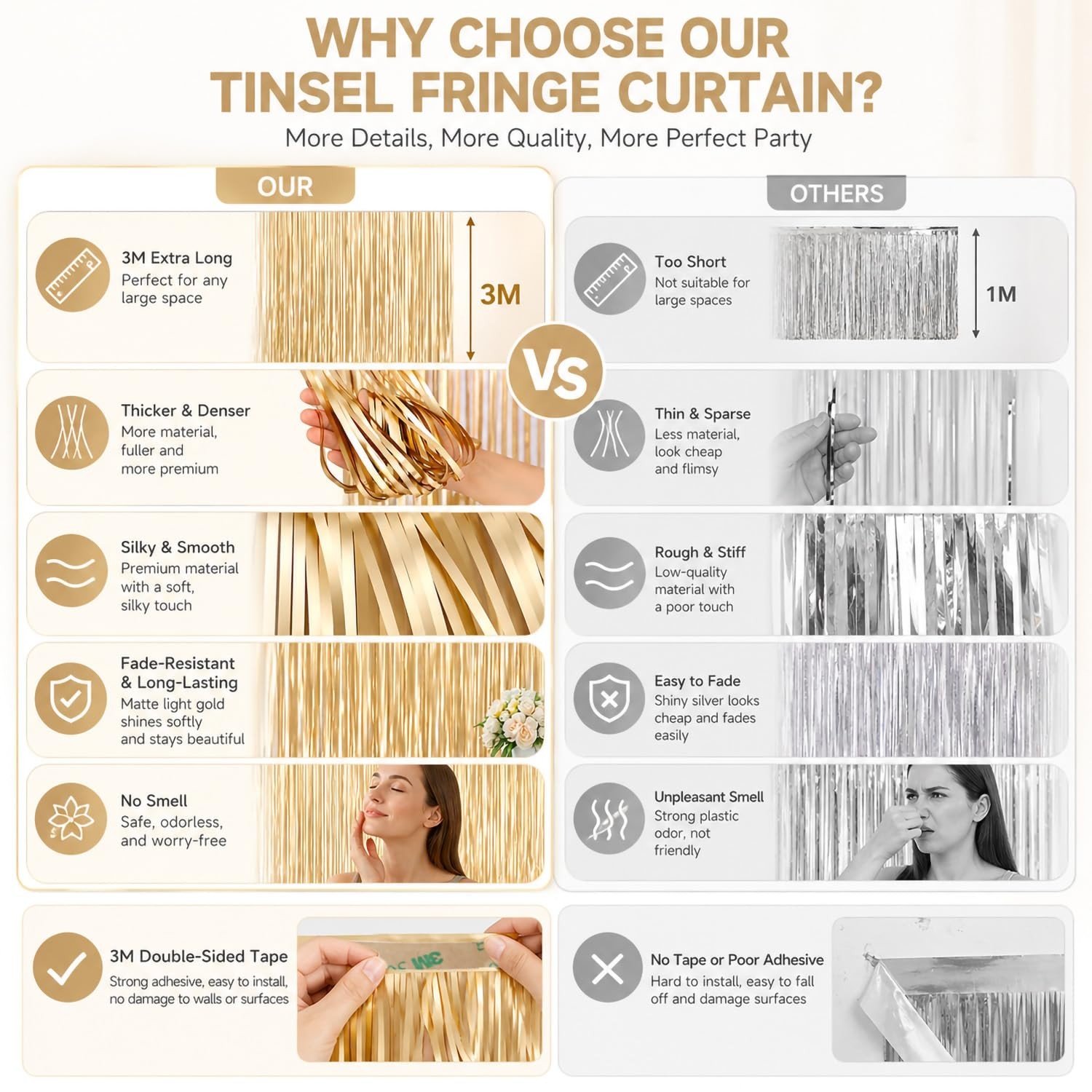 2 PCS Light Gold Backdrop Curtains 6.6×9.8 FT Matte Foil Fringe Streamers