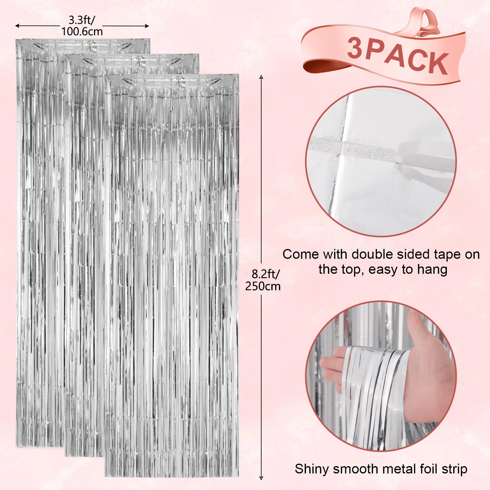 Silver Foil Fringe Backdrop Curtains 3.3×8.2 Feet Tinsel Party Streamers 3 PCS