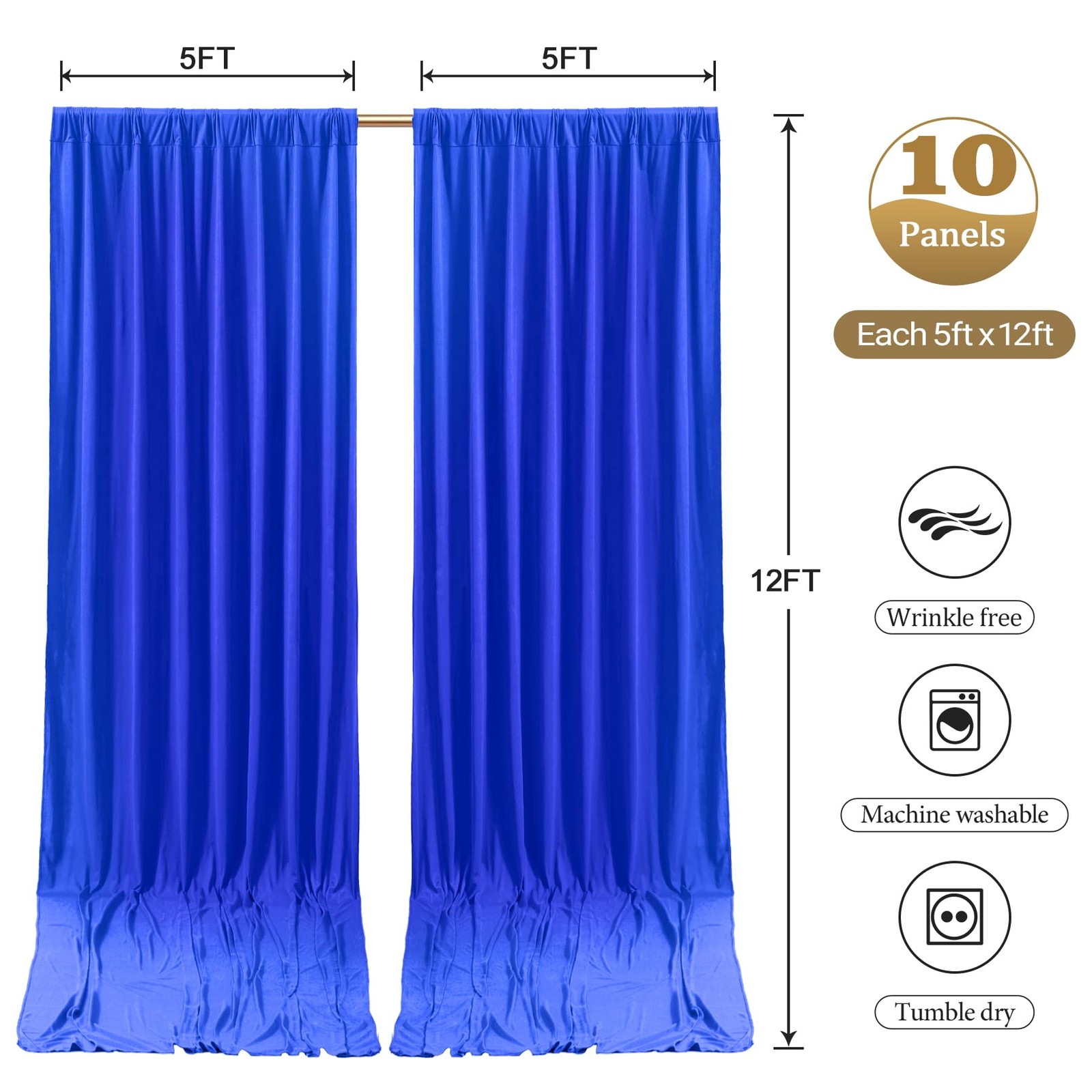 50ftx12ft Wrinkle Free Royal Blue 5′(W) x 12′(H), 10 panels,