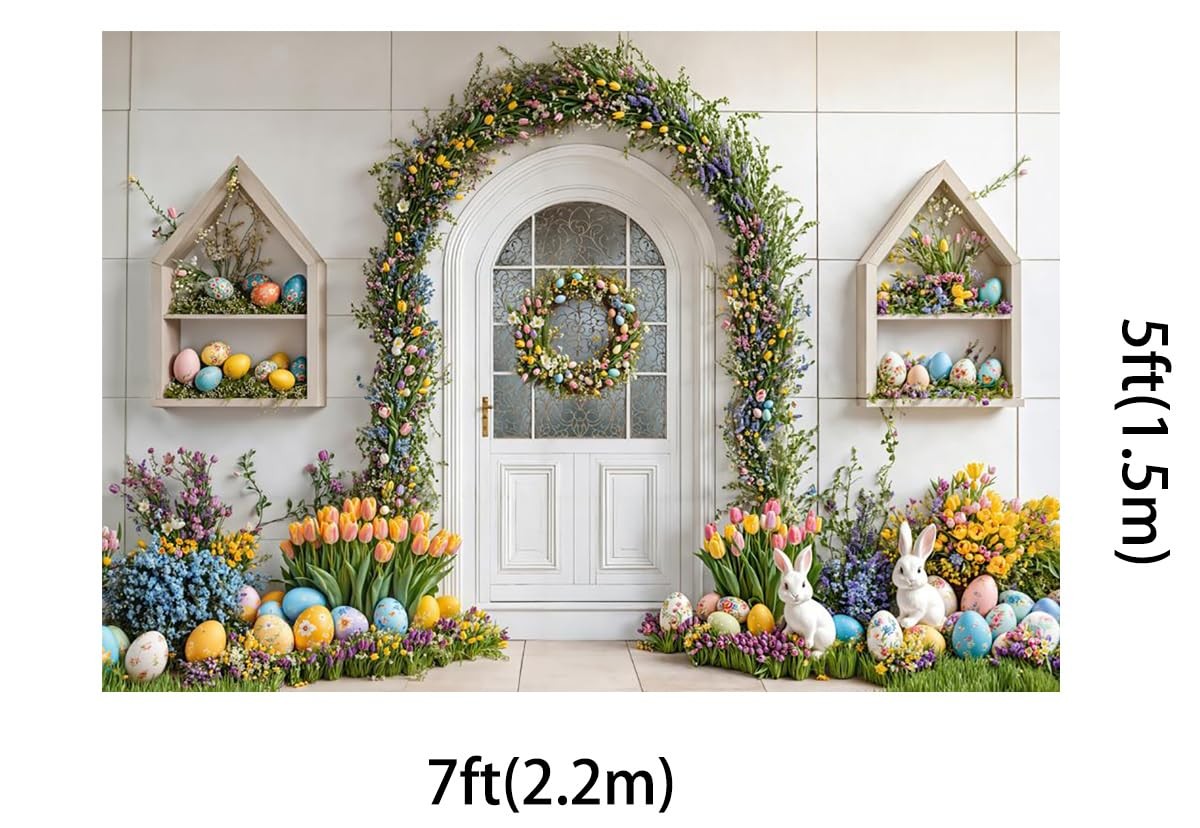 Colorful Easter Eggs Photography Backdrop White Rabbit Flowers 7×5 Ft Prop