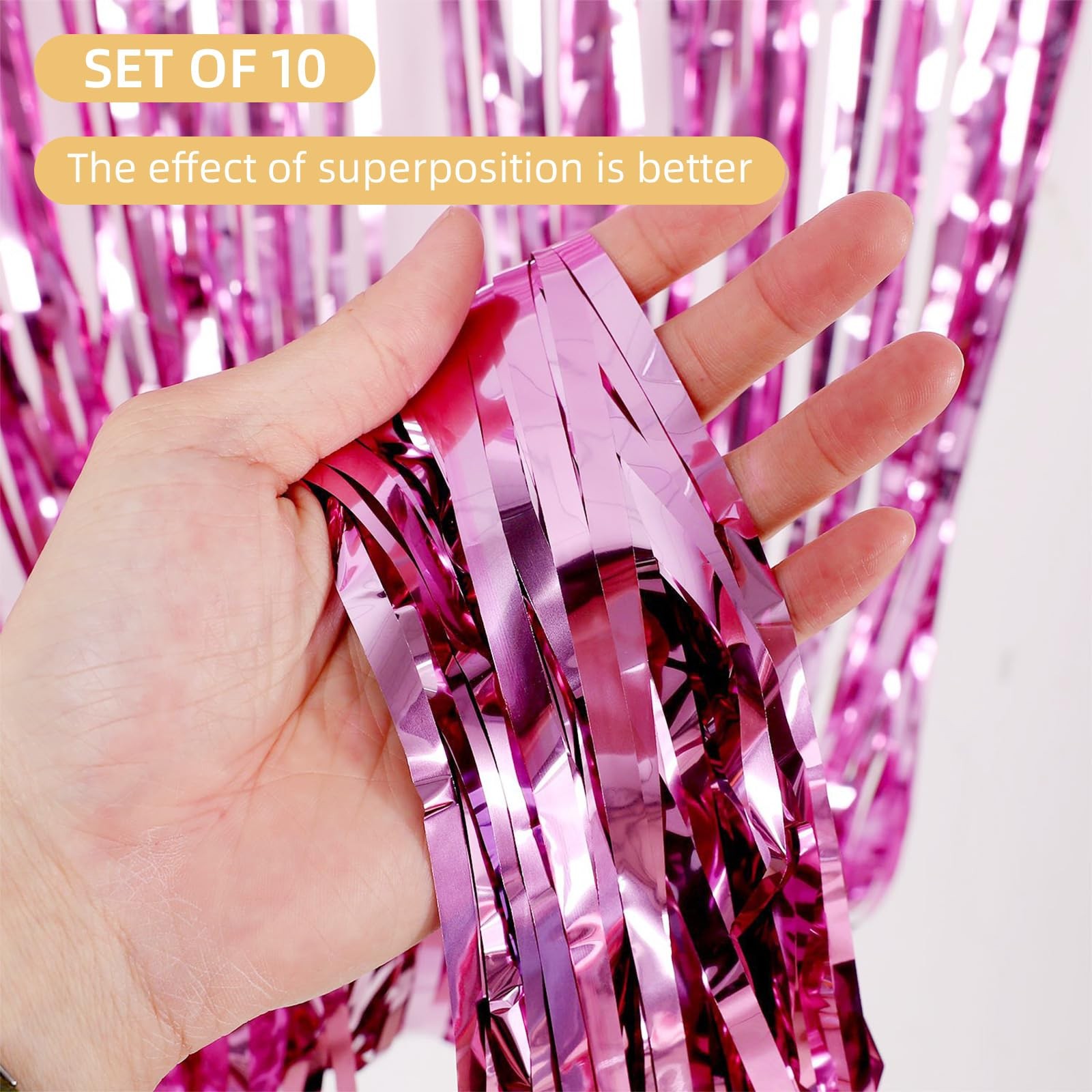 10 Pack 3.2×9.8ft Pink Foil Curtain Backdrop Metallic Tinsel Fringe Streamer
