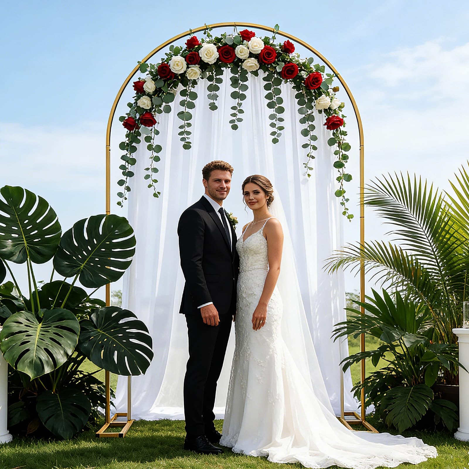 7.2FT Double U-Shaped Metal Arch Backdrop Stand with 6.6FT White Cover – Stur…