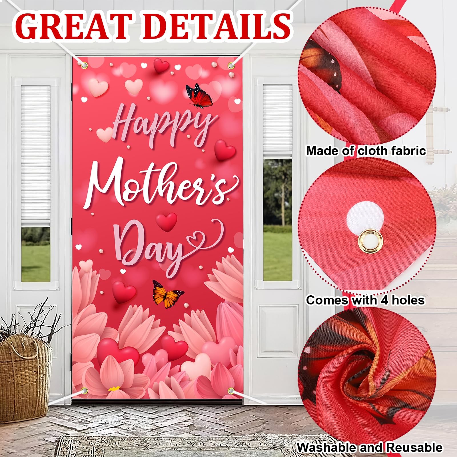 Happy Mother’s Day Door Cover Pink Heart Flowers Mom Gifts for Indoor Decoration