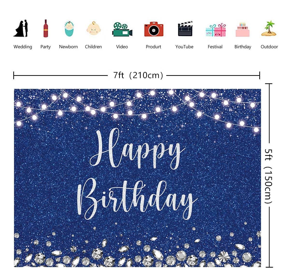 Royal Blue Photography Backdrop 7x5FT Girls Happy Birthday Studio Glitter Silver