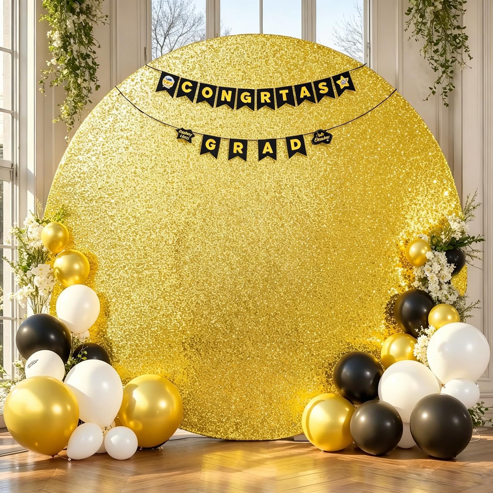 6.5FT Gold Sequins Round Backdrop Cover – Sparkly Glitter Round Arch Stands C…