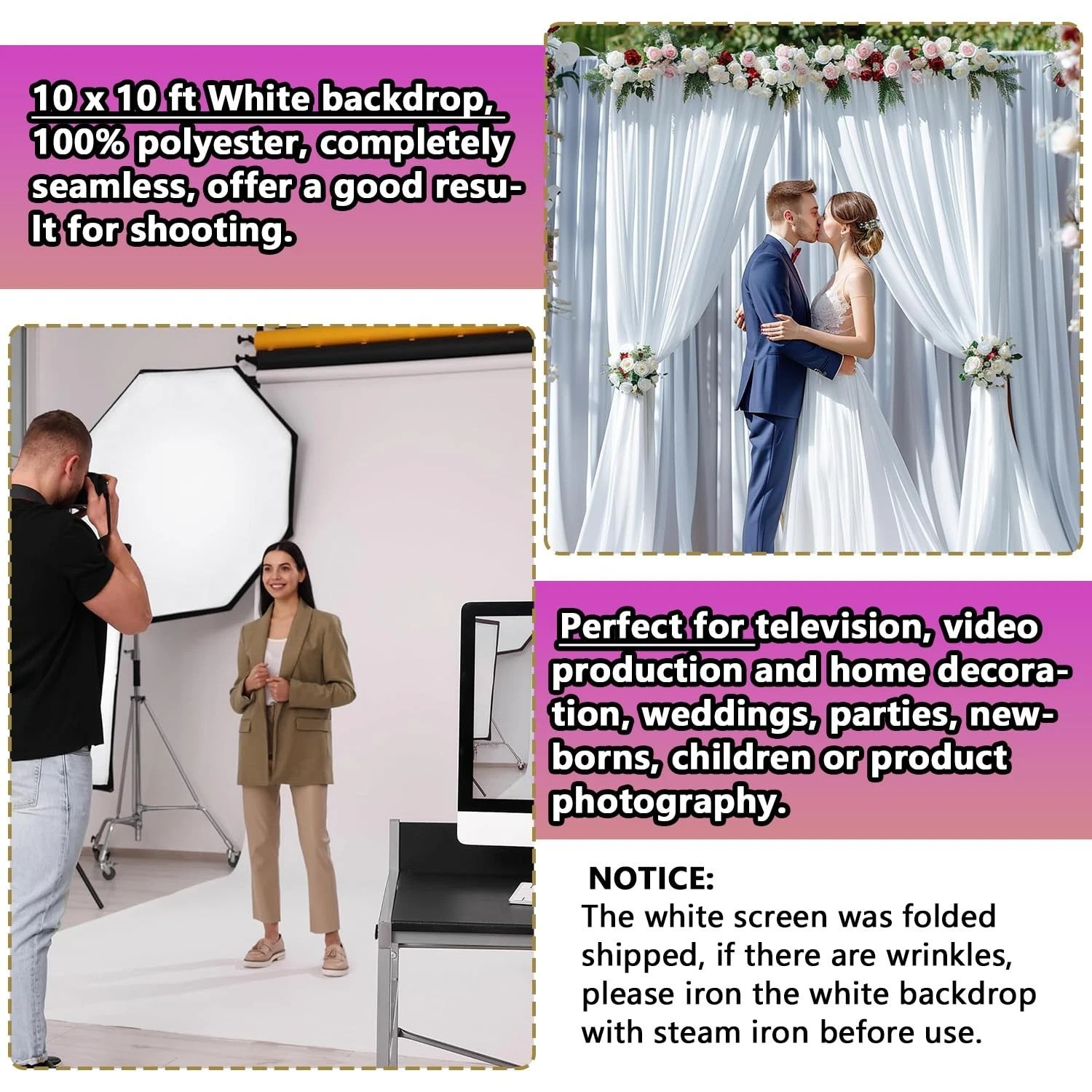 Photo Backdrop White 10 x 10ft, White Backdrop for Photoshoot, Solid White Ph…