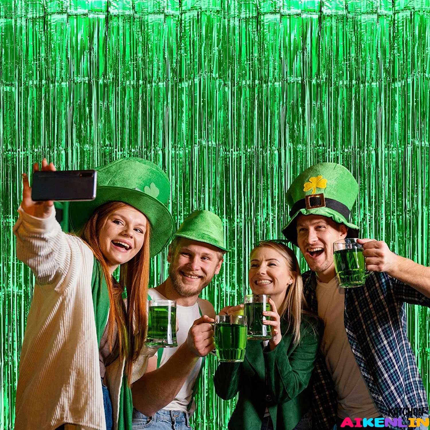 4 PCS 3.2×9.8 FT Green Foil Fringe Curtain Backdrop Metallic Tinsel Streamers