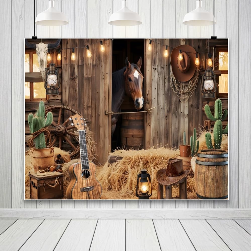 Wild West Cowboy Party Backdrop 10x8ft Rustic Barn Door Background with Horse…