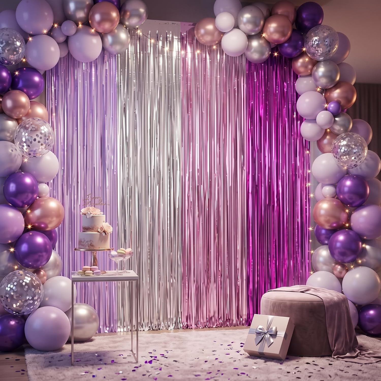 4Pcs Purple and Silver Party Decorations 6.6Ft Fringe Curtains Decorations Purpl