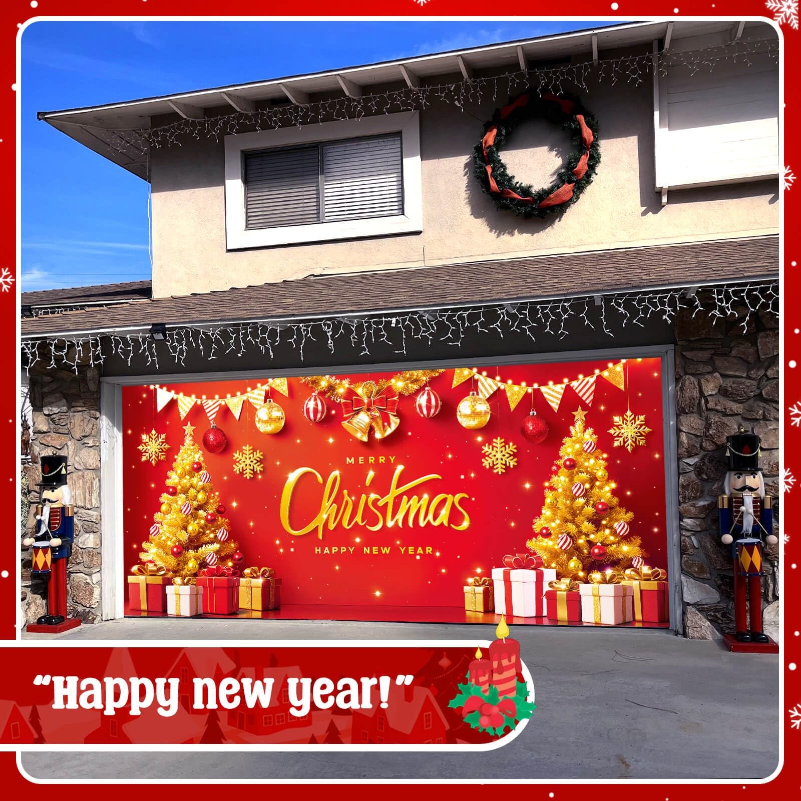 YUSPENYE Christmas Garage Door Cover Decor, 7x16ft Outdoor Party Backdrop