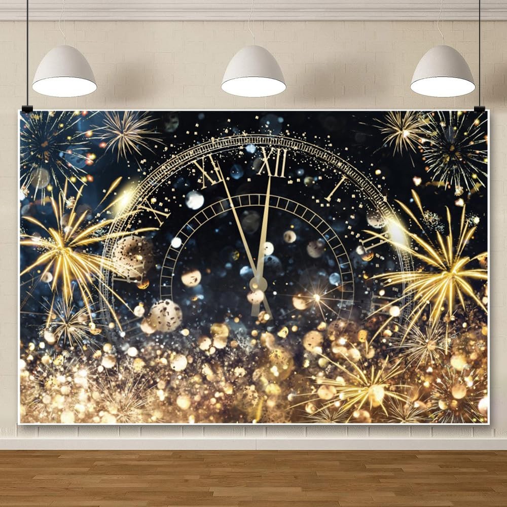 10x8ft Vinyl Happy New Year Backdrop Clock Golden Fireworks Glitter Dots Pro Fix