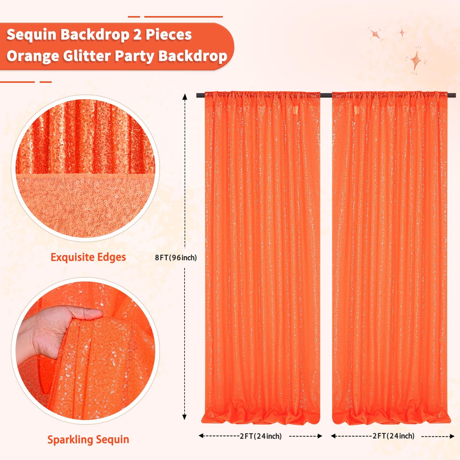 Orange Sequin Backdrop Curtains 2 Panels 2x8ft Glitter Party Decor