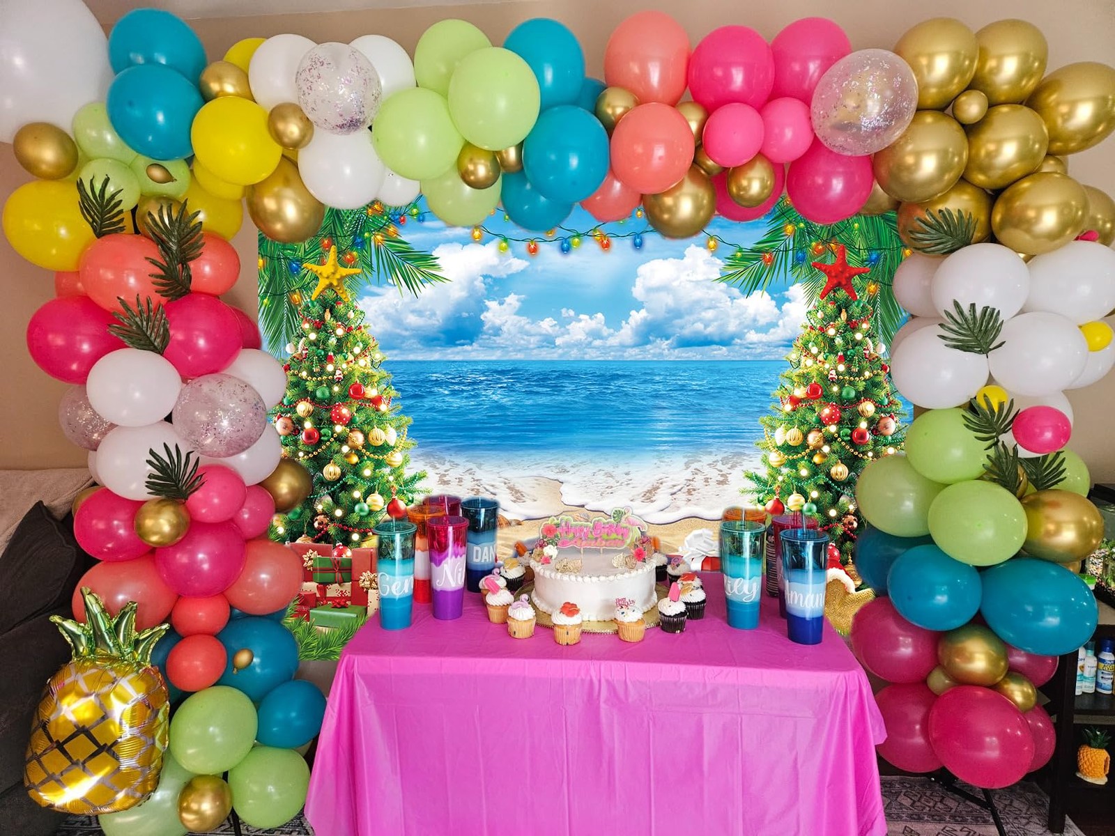 July Christmas Summer Beach Tropical Hawaiian Photo Backdrop 8x6ft Mat Set