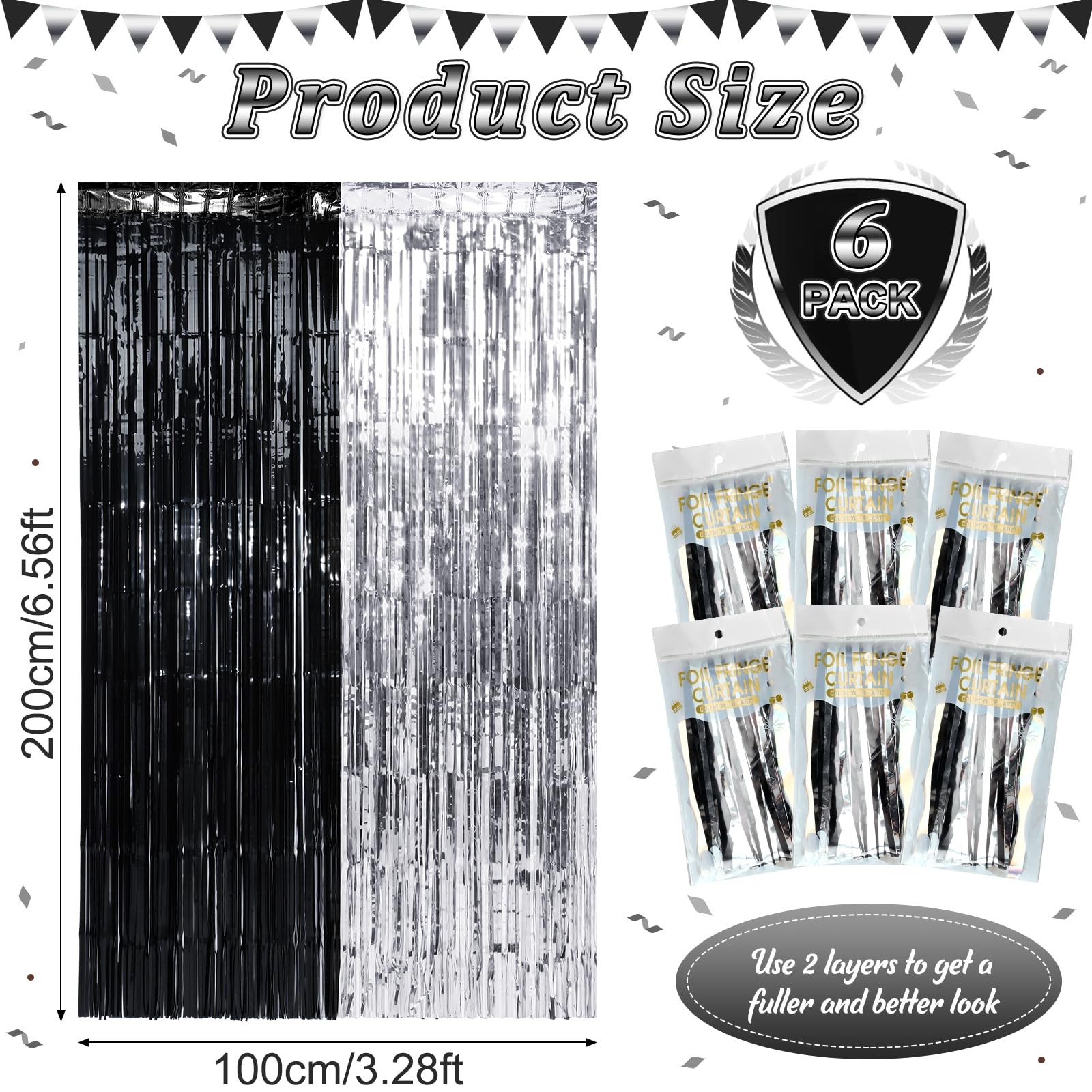 Black Silver Metallic Foil Fringe Tinsel Curtain Backdrop 3.3×6.6 Ft 6 PCS Set