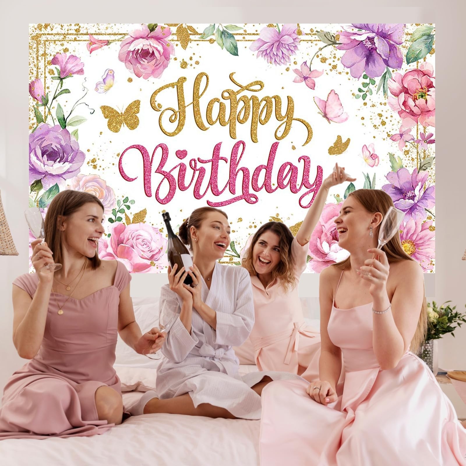Happy Birthday Backdrop for Women Pink Floral Happy Birthday Party Decorations..