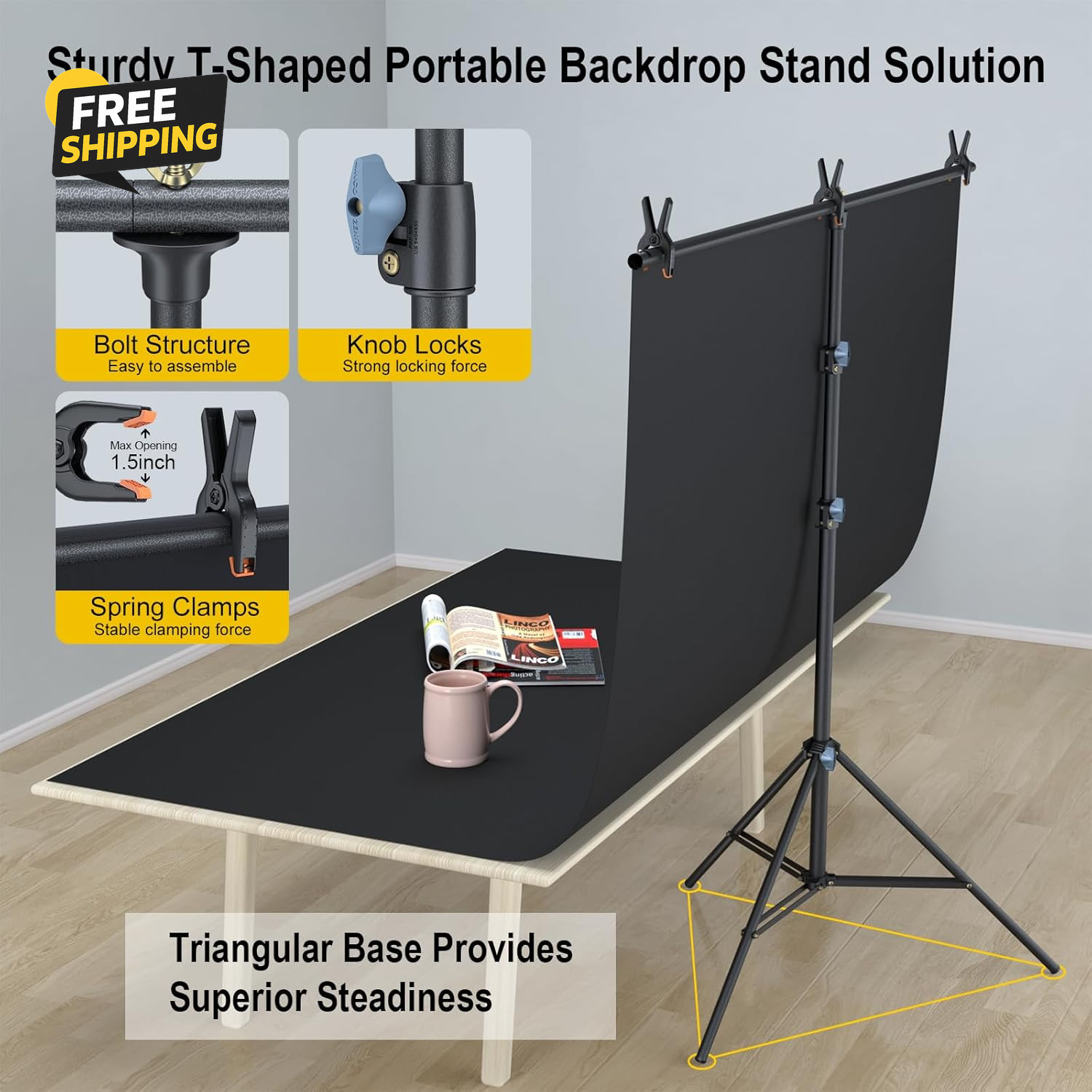 5×6.7Ft Photo Backdrop Stand Kit T-Shape Background Stand Carry Bag Black