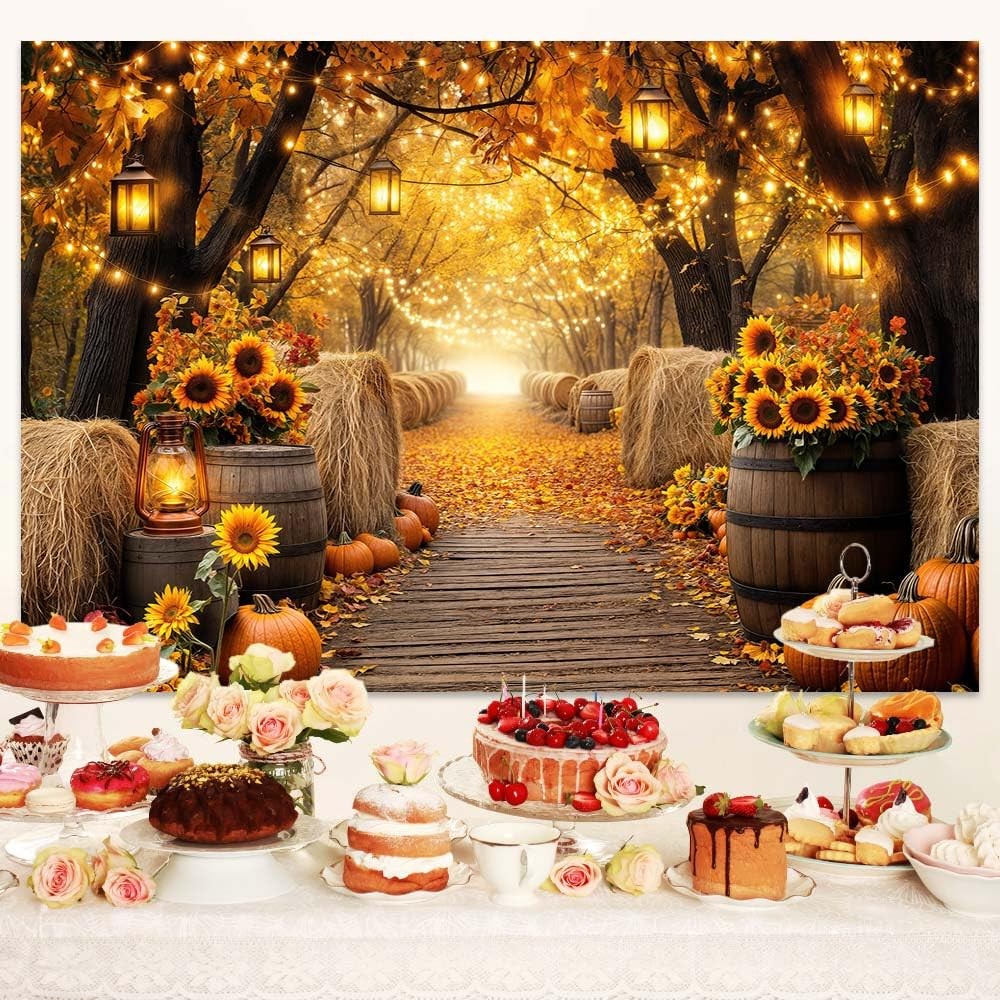 1 PC 7x5ft Fall Autumn Forest Maple Leaves Pumpkins Sunflowers Photo Backdrop
