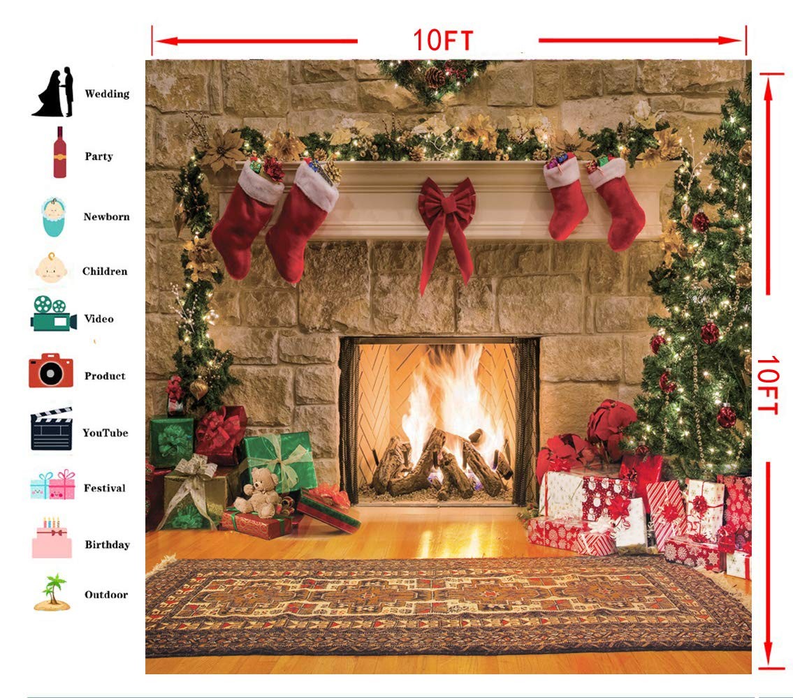 10×10 Ft Christmas Photography Backdrops Christmas Fireplace Backdrop Child Chri