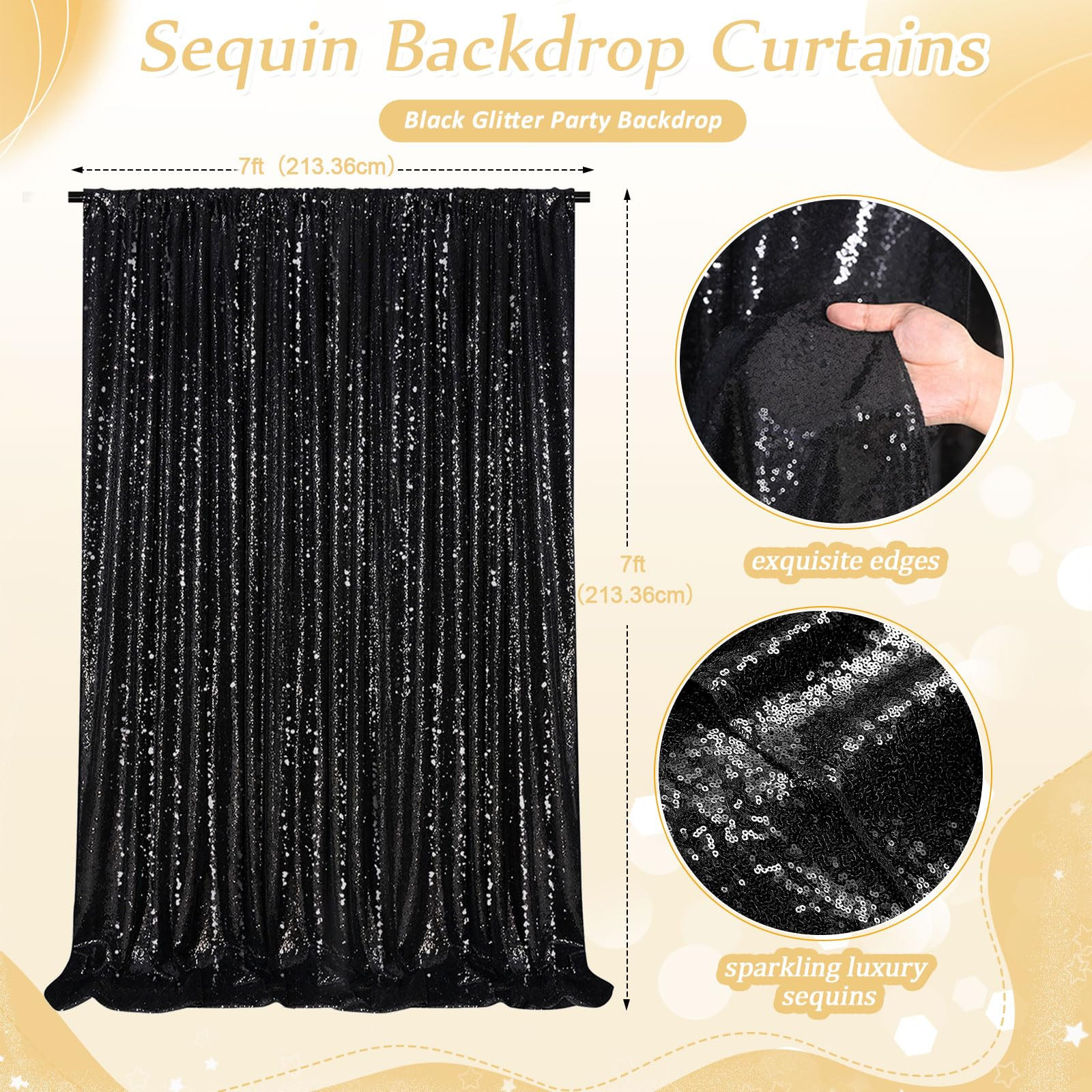 Black Sequin Backdrop Curtain 7ft x 7ft Glitter Photo Booth Backdrop for Wedd…