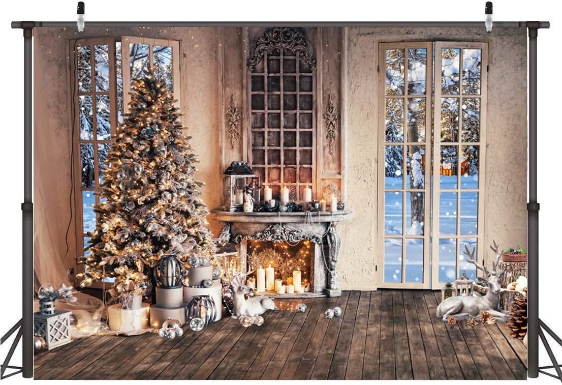 8x6FT Christmas Photography Backdrop Fireplace Tree Winter Photo Background Xmas